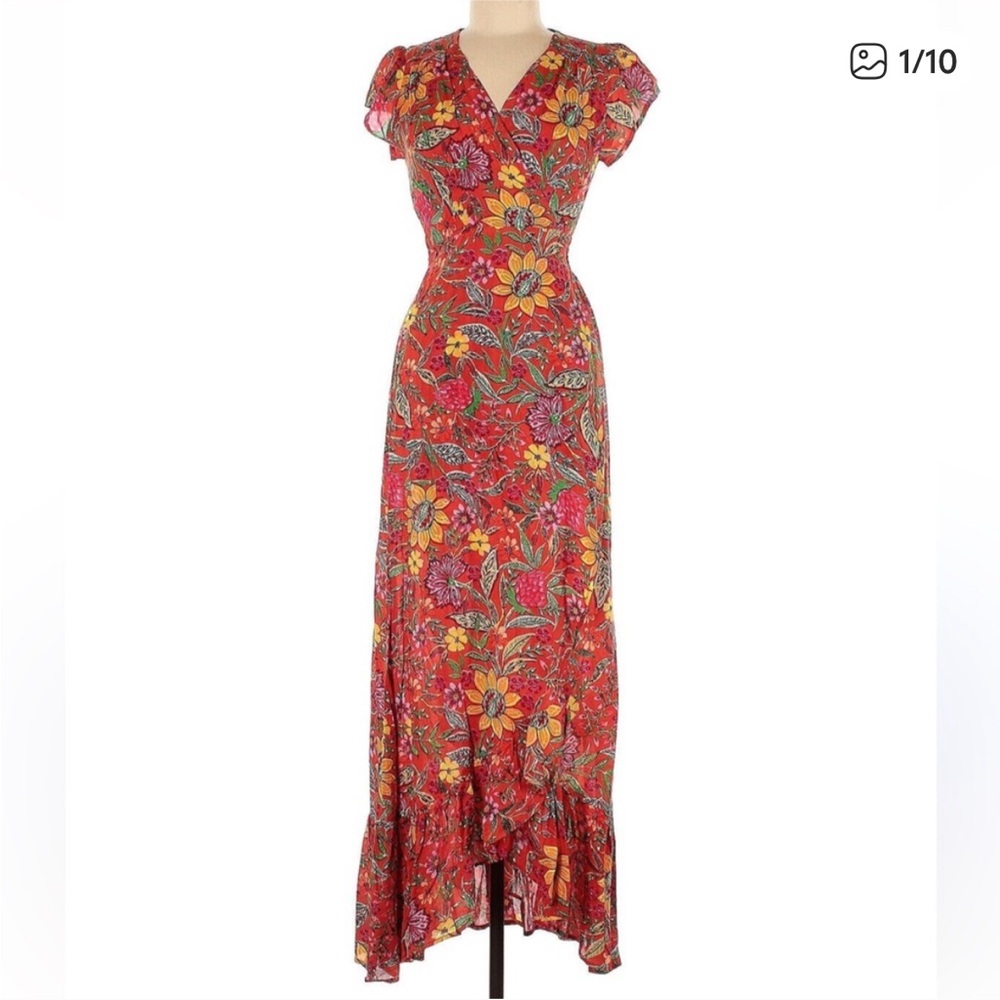 XIX Palms Hawaiian Floral Ruffle Maxi Wrap Dress Red Beachy-2